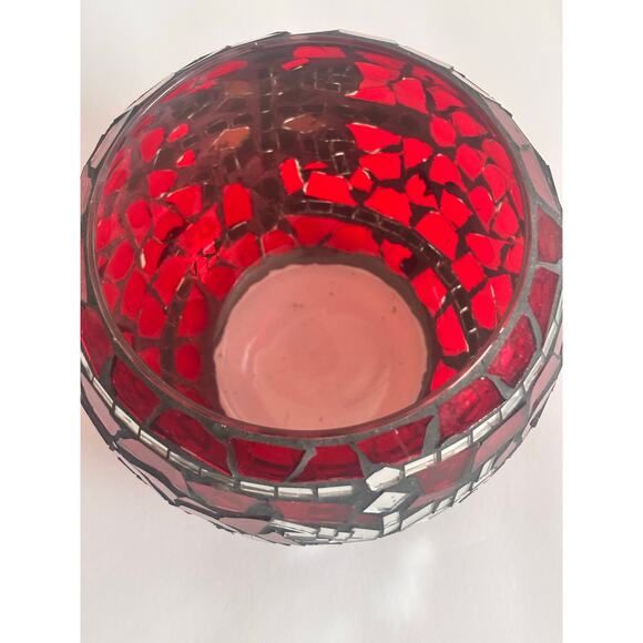 Red Glass Mosaic Christmas Holiday CandleHolder Centerpiece w/ Snowflake Accent - Picture 5 of 10